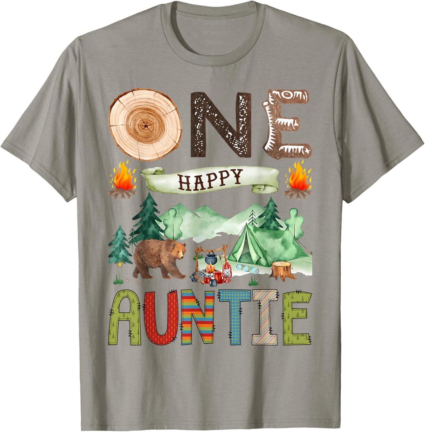 One Happy Auntie Camper 1st Birthday Boy Camping Bear T-Shirt - T-Shirt | Sand