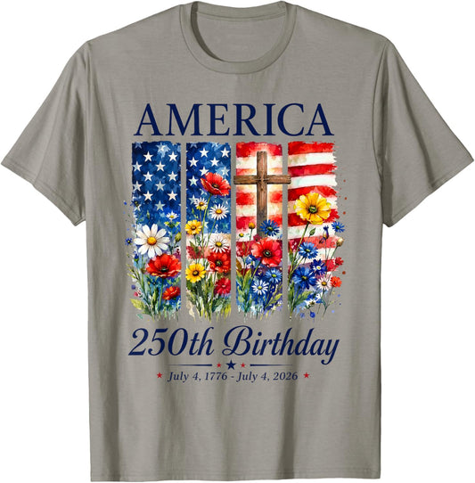 America 250th Birthday Floral 250 Years Patriotic 4th July T-Shirt - T-Shirt | Sand