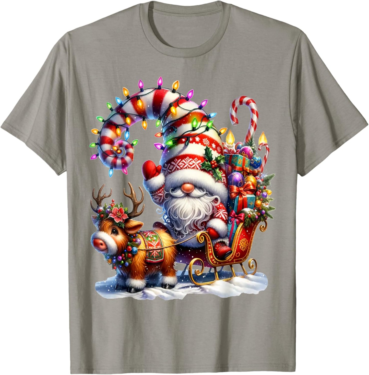 Christmas Light Gnome Santa Claus Riding Sleigh Highland Cow T-Shirt - T-Shirt | Sand