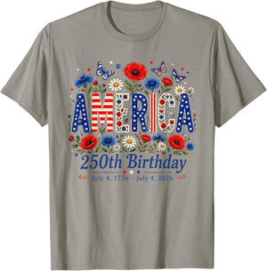 250 Years America Anniversary USA 250th Birthday Flowers T-Shirt - T-Shirt | Sand