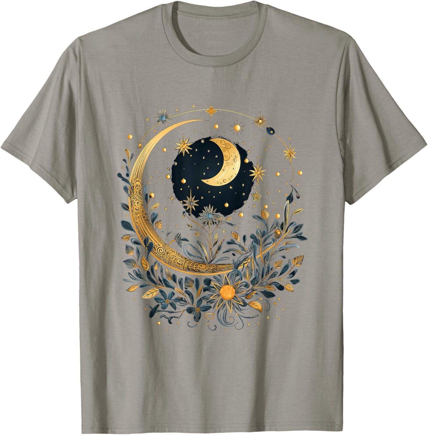 Mystical Sun and Moon with Woman Mystical Flowers Aesthetic T-Shirt - T-Shirt | Sand
