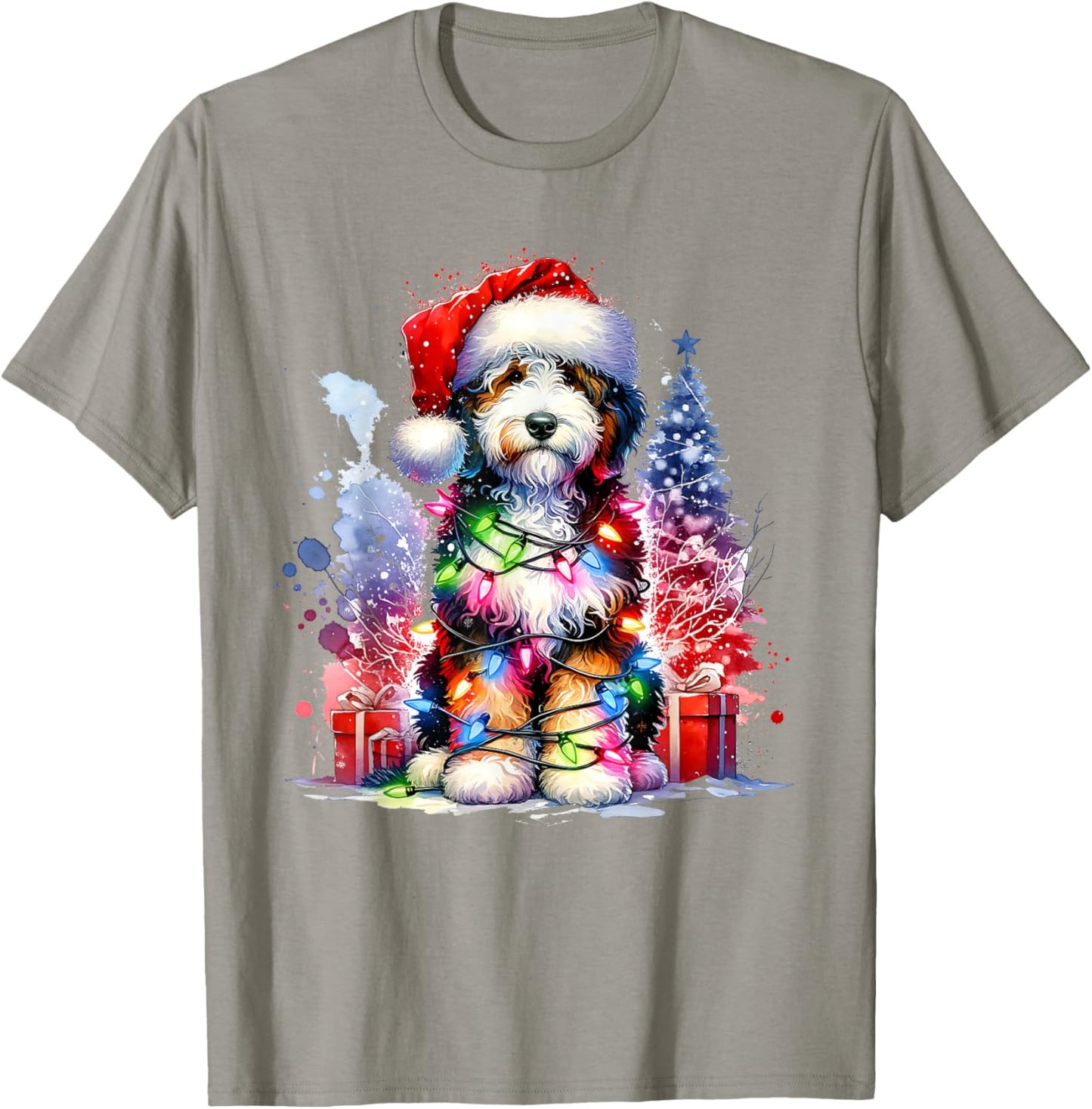 Festive Bernedoodle Dog Santa Hat Christmas Tree Lights Women Kids T-Shirt - T-Shirt | Sand