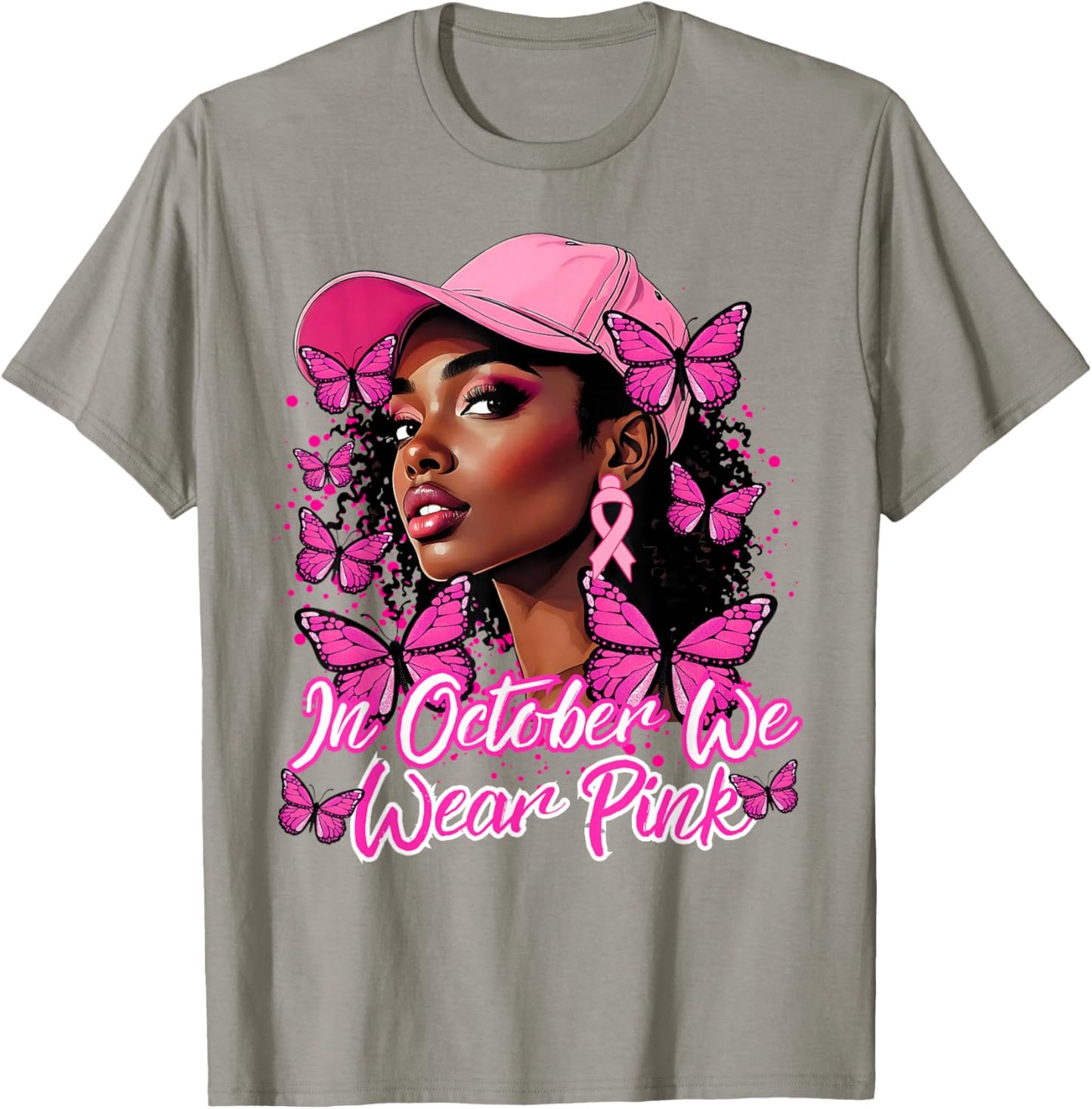 We Wear Pink in October Black Women Breast Cancer Butterfly T-Shirt - T-Shirt | Sand