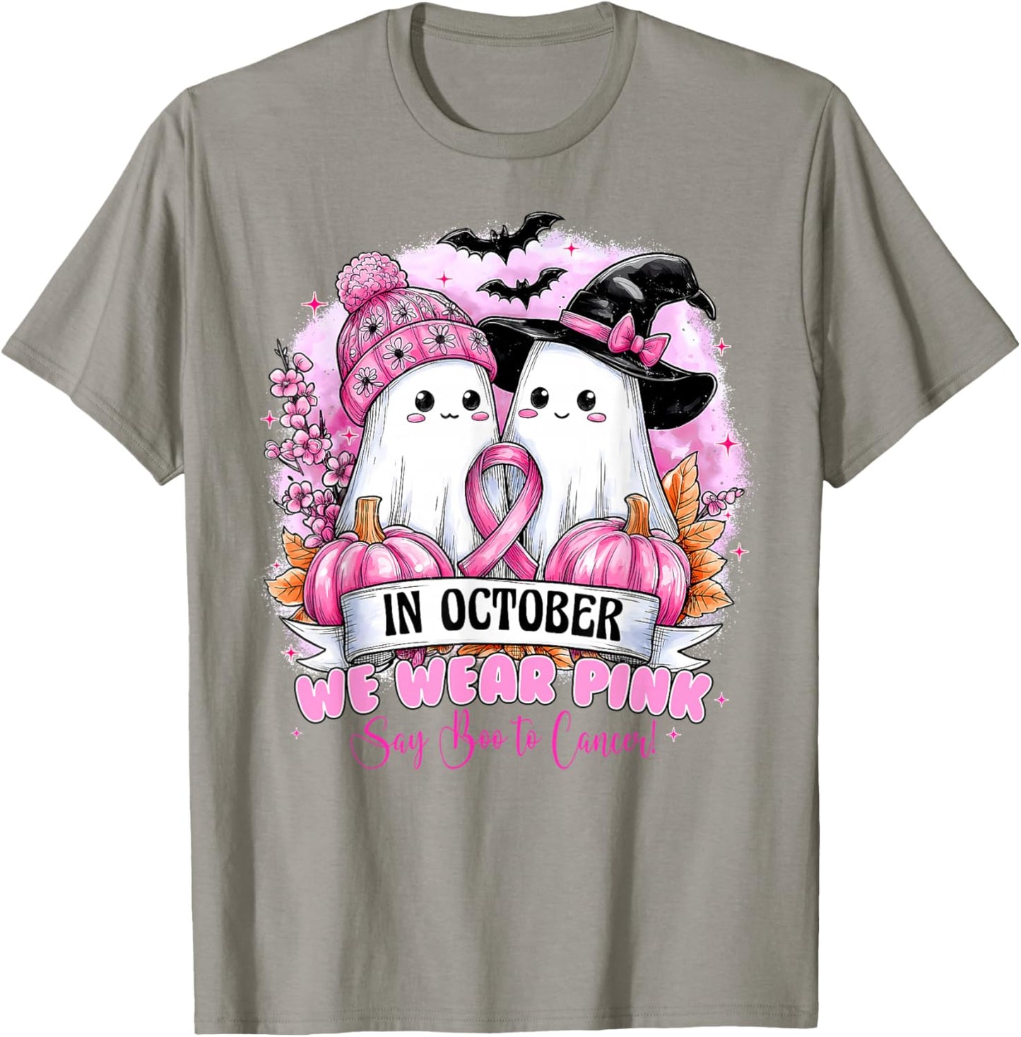 in October We Wear Pink Ghost Halloween Breast Cancer Women T-Shirt - T-Shirt | Sand