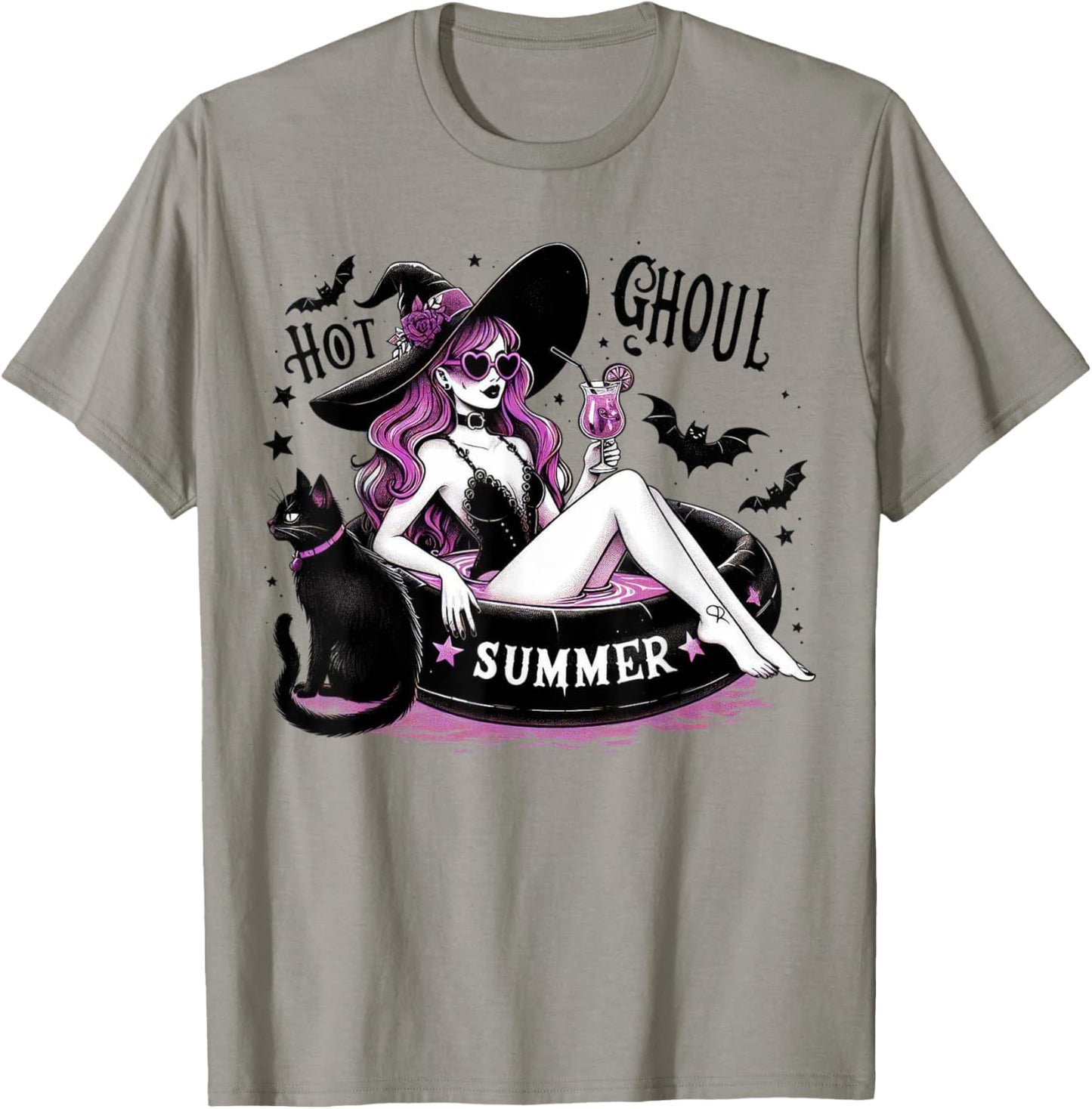 Funny Halloween Witch Hot Ghoul Summer Witchy Cat T-Shirt - T-Shirt | Sand