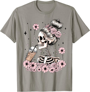 Skeleton Messy Bun Funny Costume Mom Women Halloween T-Shirt - T-Shirt | Sand