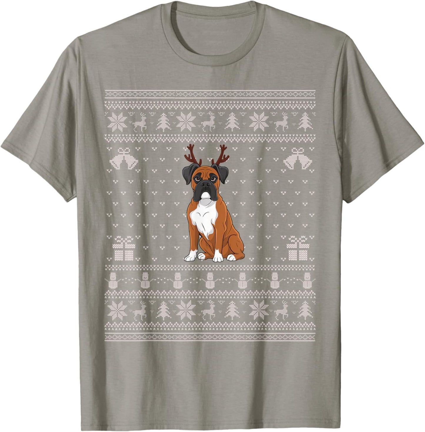 Ugly Xmas Sweater Style Boxer Dog Reindeer Christmas Women Kids T-Shirt - T-Shirt | Sand