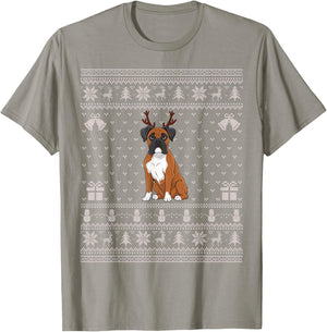 Ugly Xmas Sweater Style Boxer Dog Reindeer Christmas Women Kids T-Shirt - T-Shirt | Sand