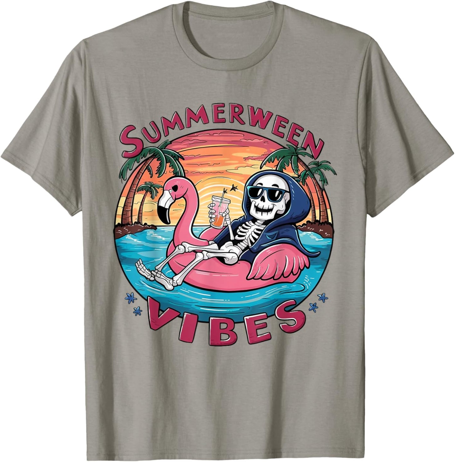 Summerween Vibes Halloween Summer Fun Flamingo Skeleton T-Shirt - T-Shirt | Sand