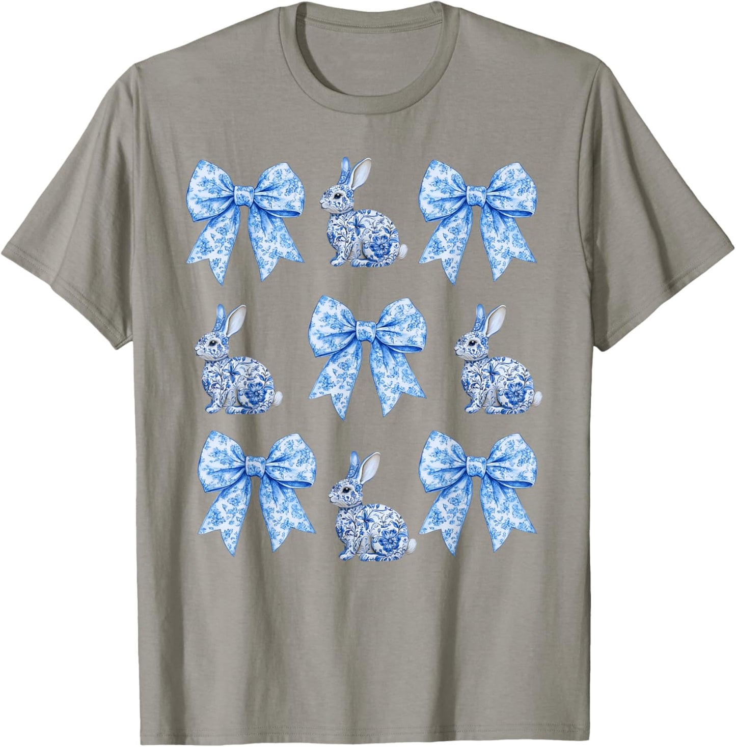 Easter Chinoiserie Floral Bunny with Cute Blue Bow Coquette T-Shirt - T-Shirt | Sand