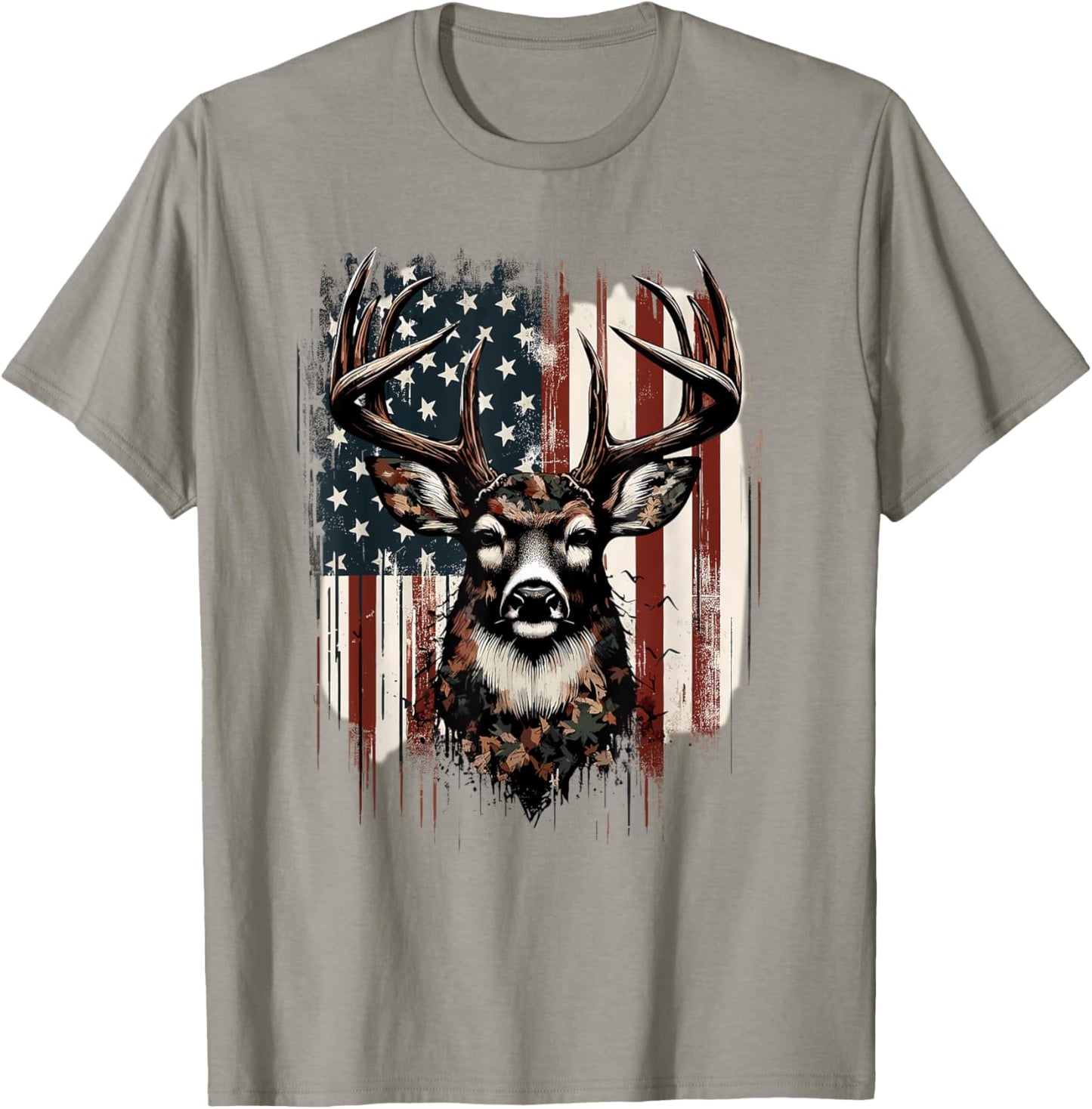Deer Hunting American Flag Whitetail Buck Antlers T-Shirt - T-Shirt | Sand