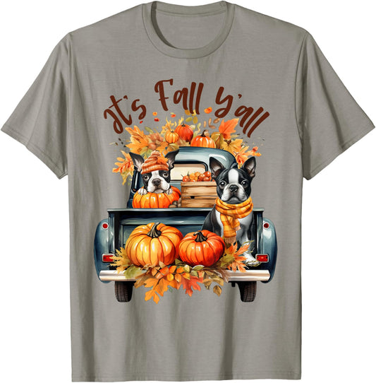 It’s Fall Y’all Boston Terrier Pumpkins Truck Autumn Season T-Shirt - T-Shirt | Sand
