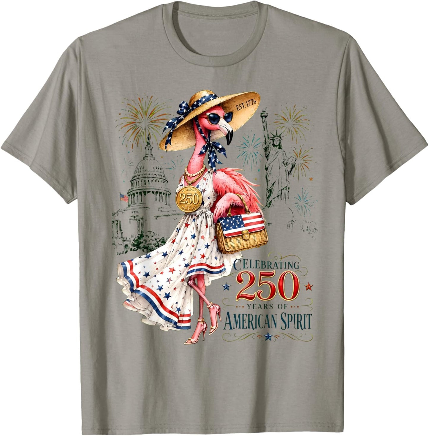 Patriotic Flamingo 250 Years Celebrating American Spirit T-Shirt - T-Shirt | Sand