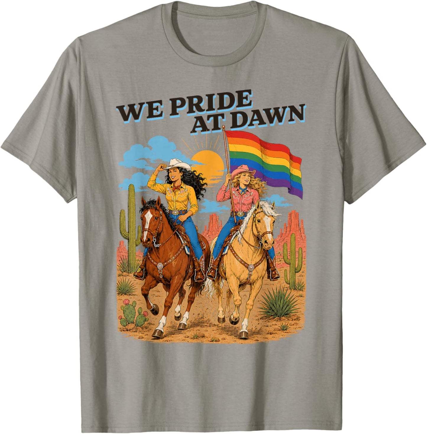 Funny Lesbian Cowgirl We Pride at Dawn Queer Western LGBTQ T-Shirt - T-Shirt | Sand