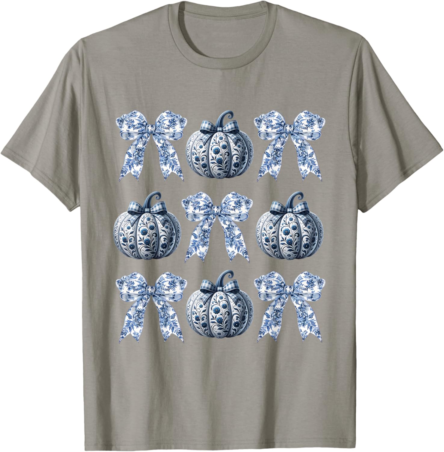 Blue and White Pumpkins Chinoiserie With Bow Fall Halloween T-Shirt - T-Shirt | Sand