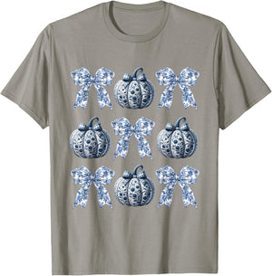 Blue and White Pumpkins Chinoiserie With Bow Fall Halloween T-Shirt - T-Shirt | Sand