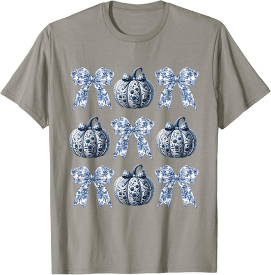 Blue and White Pumpkins Chinoiserie With Bow Fall Halloween T-Shirt - T-Shirt | Sand