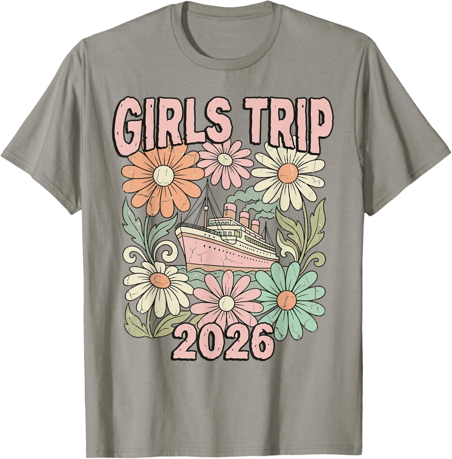 Girls Trip 2026 Cruise Ship Retro Floral T-Shirt - T-Shirt | Sand