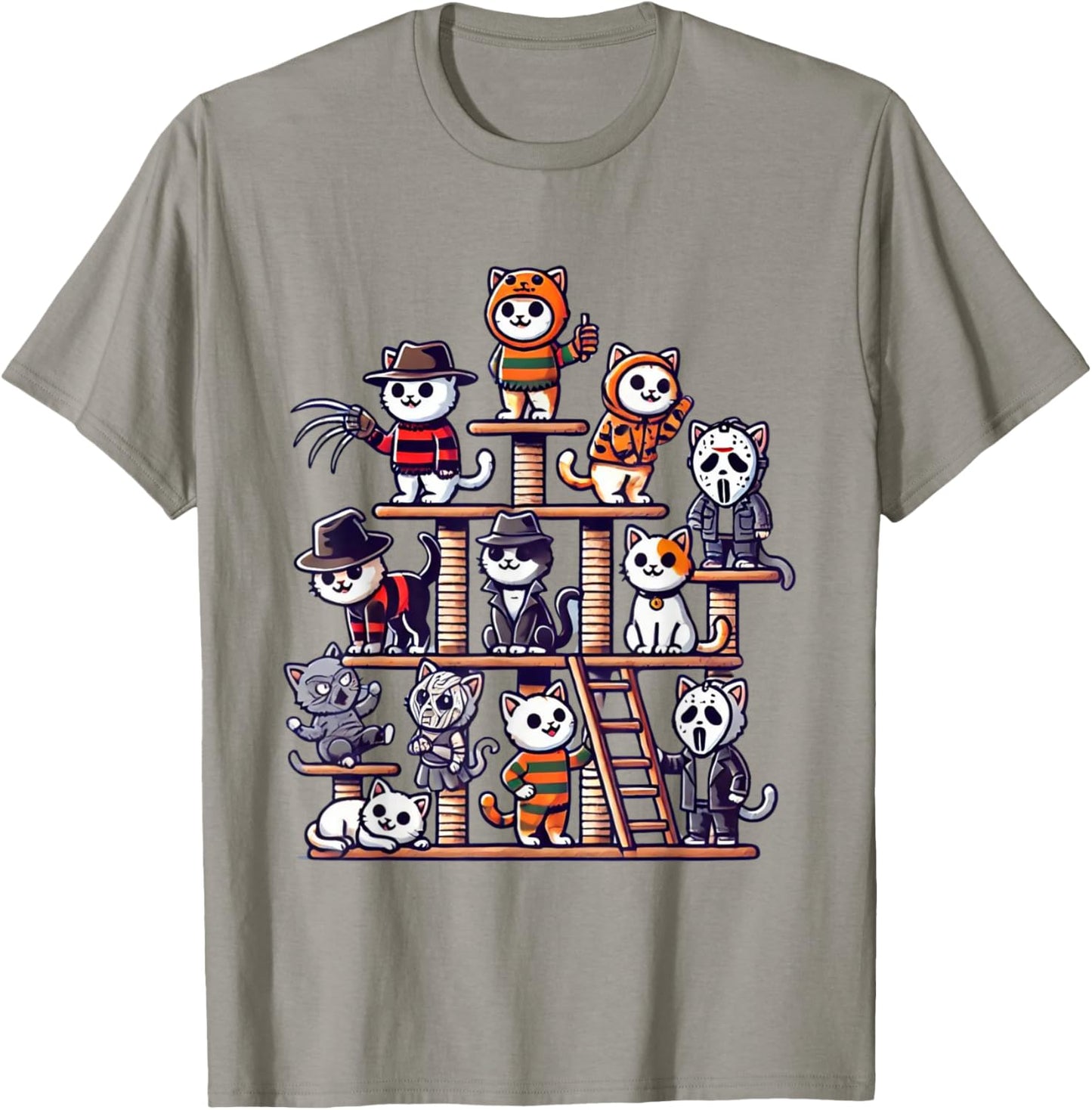 Funny Horror Movie Cats Playing On Cat Tree T-Shirt - T-Shirt | Sand