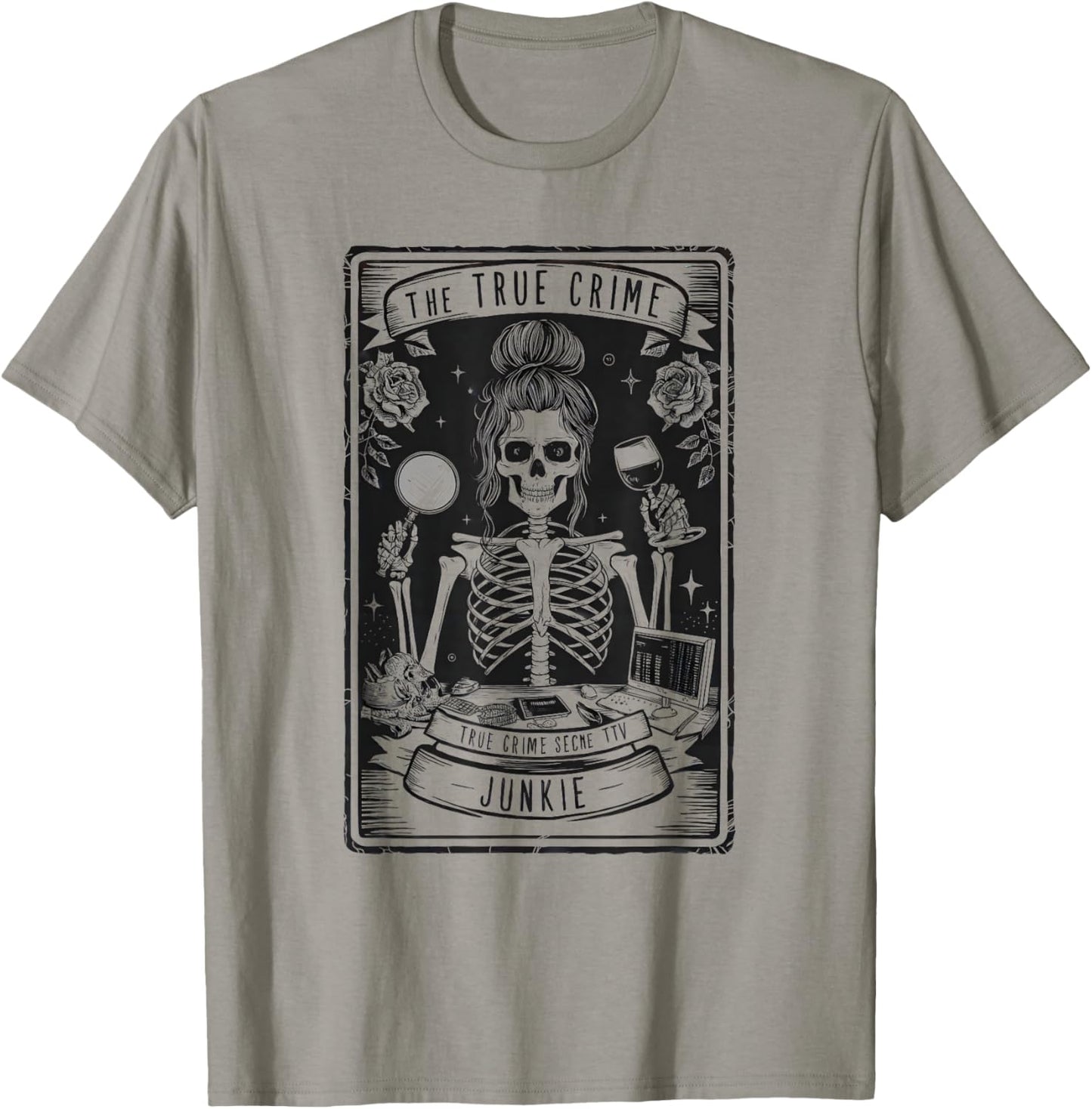True Crime Tarot Card Junkie Skeleton Witchy Vibes Halloween T-Shirt - T-Shirt | Sand