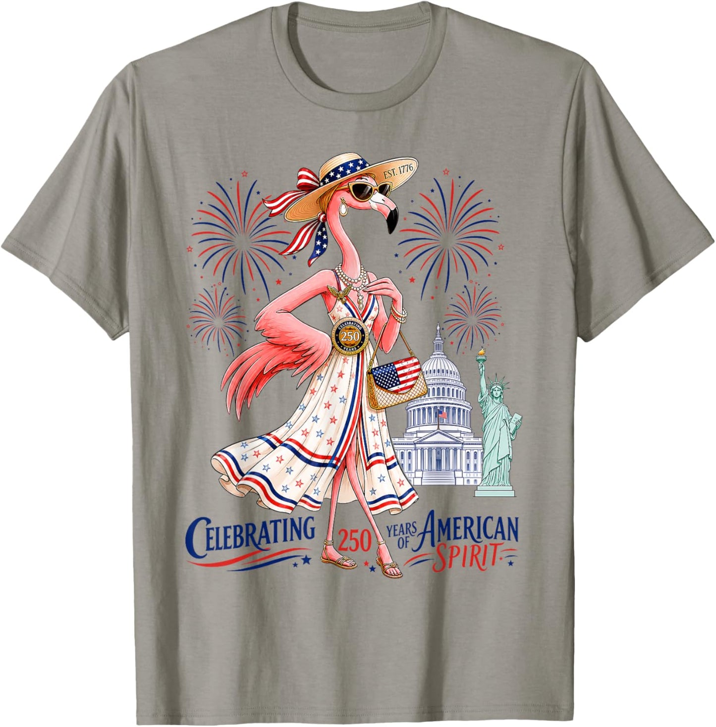 Patriotic Flamingo Celebrating 250 Years of American Spirit T-Shirt - T-Shirt | Sand