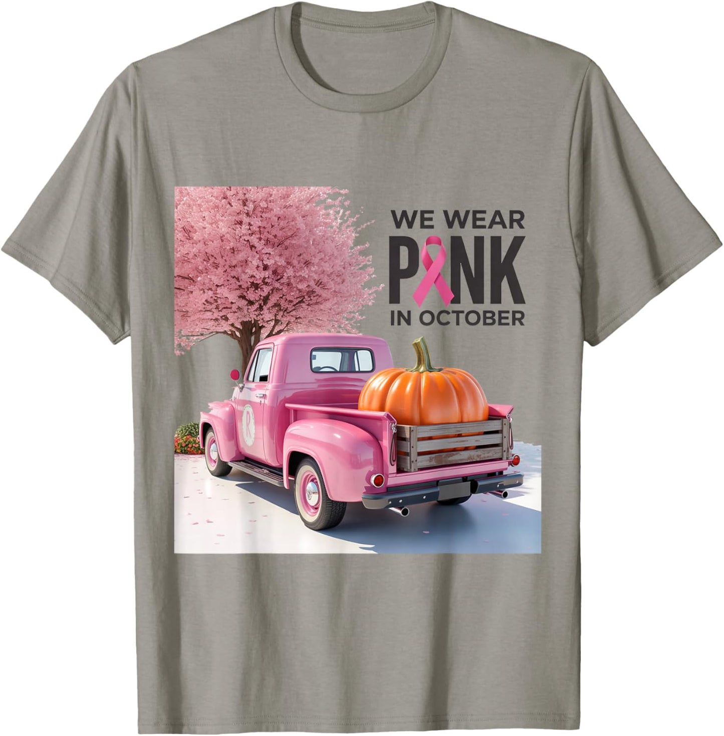 in October We Wear Pink Truck Breast Cancer T-Shirt - T-Shirt | Sand