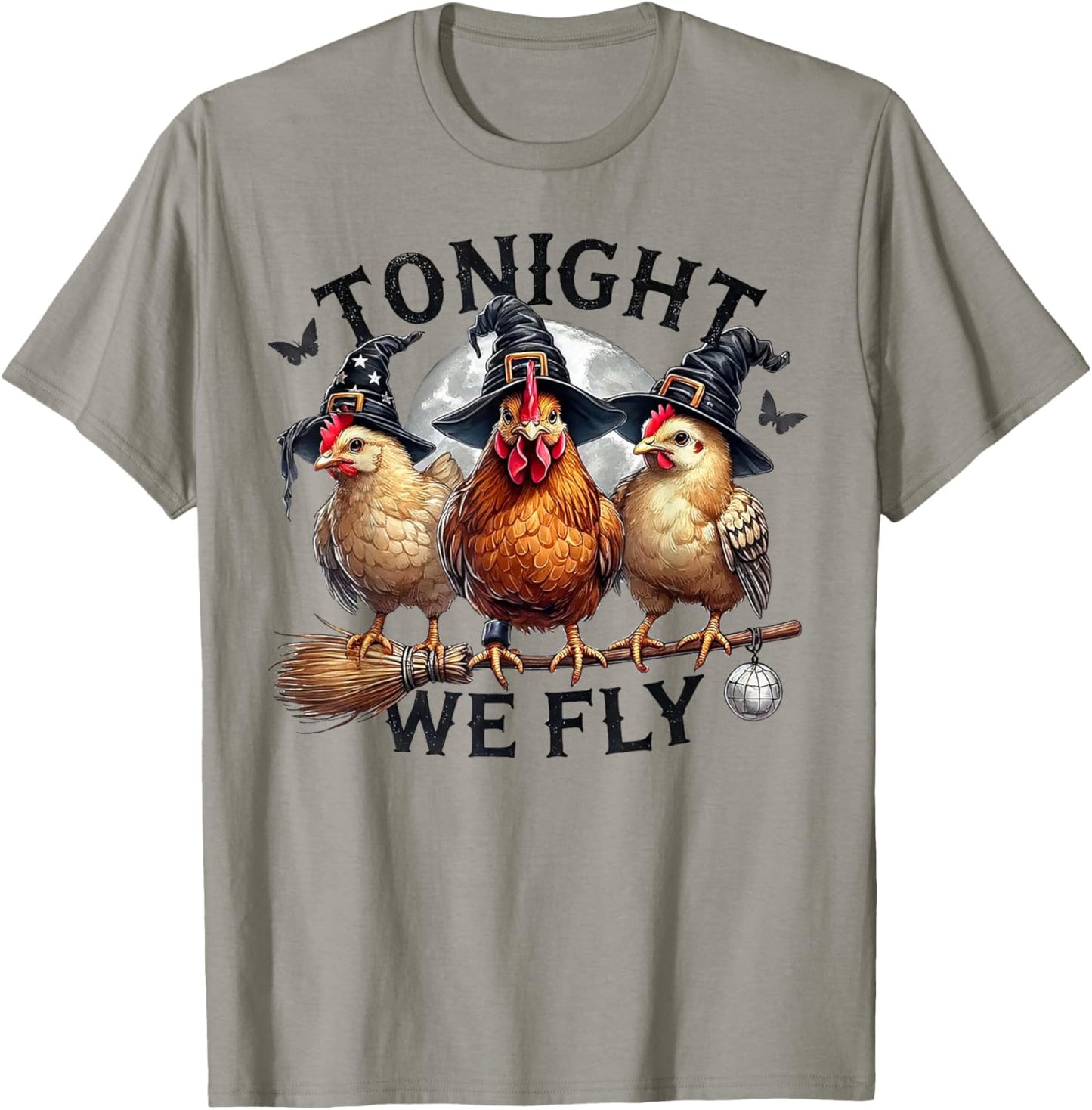 Tonight We Fly - Chicken Witches Hat and Broom T-Shirt - T-Shirt | Sand