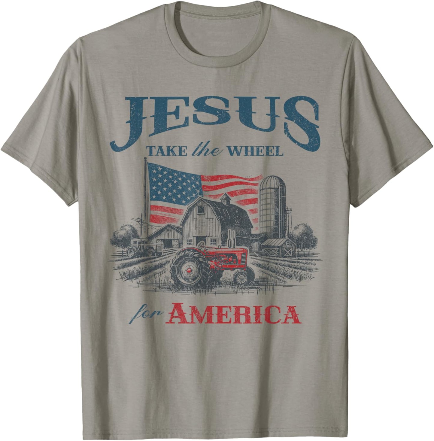 Jesus Take The Wheel American Farmer Patriotic Christian USA T-Shirt - T-Shirt | Sand