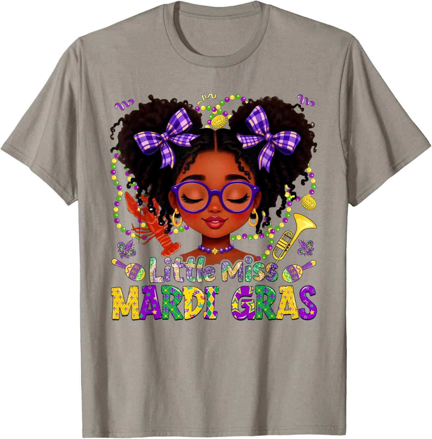 Little Miss Mardi Gras Afro Messy Bun New Orleans Girls Kids T-Shirt - T-Shirt | Sand