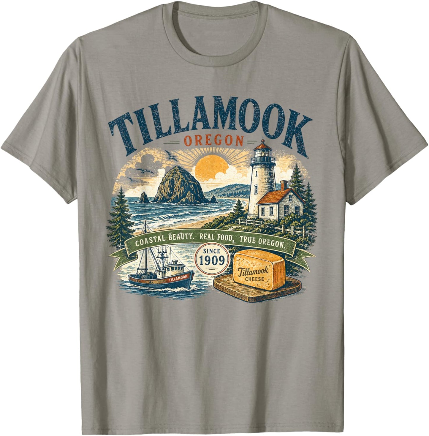 Tillamook Oregon Coastal Beauty - Vintage Retro Illustration T-Shirt - T-Shirt | Sand