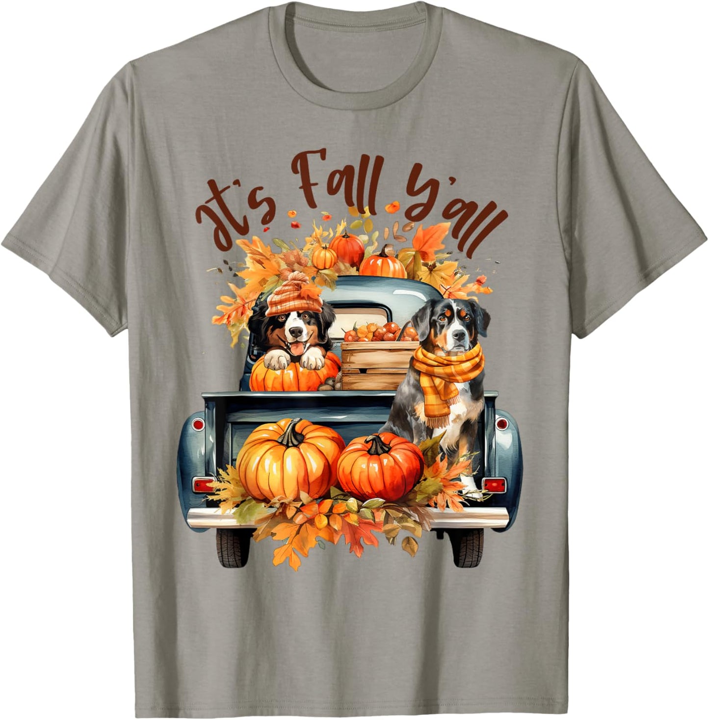 It’s Fall Y’all Bernese Mountain Dogs Pumpkins Truck Autumn T-Shirt - T-Shirt | Sand
