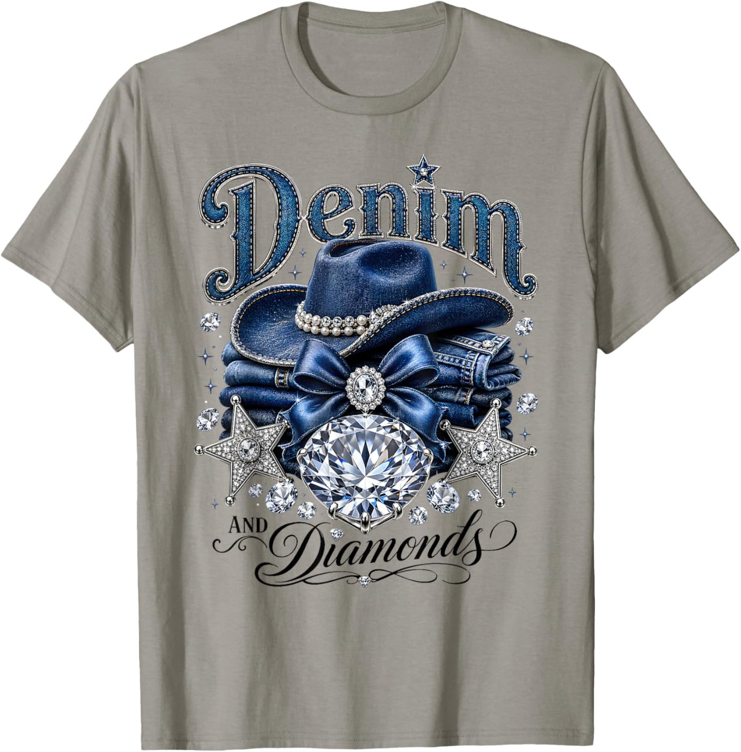 Denim and Diamonds Western Cowgirl Glam Style T-Shirt - T-Shirt | Sand