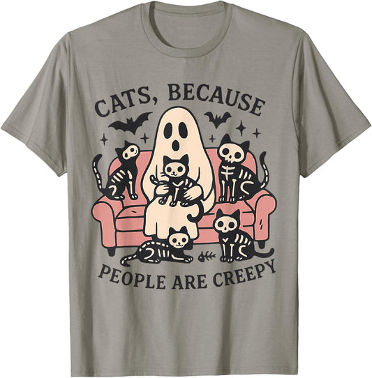 Cats Because People are Creepy Ghost Halloween Cat Mom T-Shirt - T-Shirt | Sand