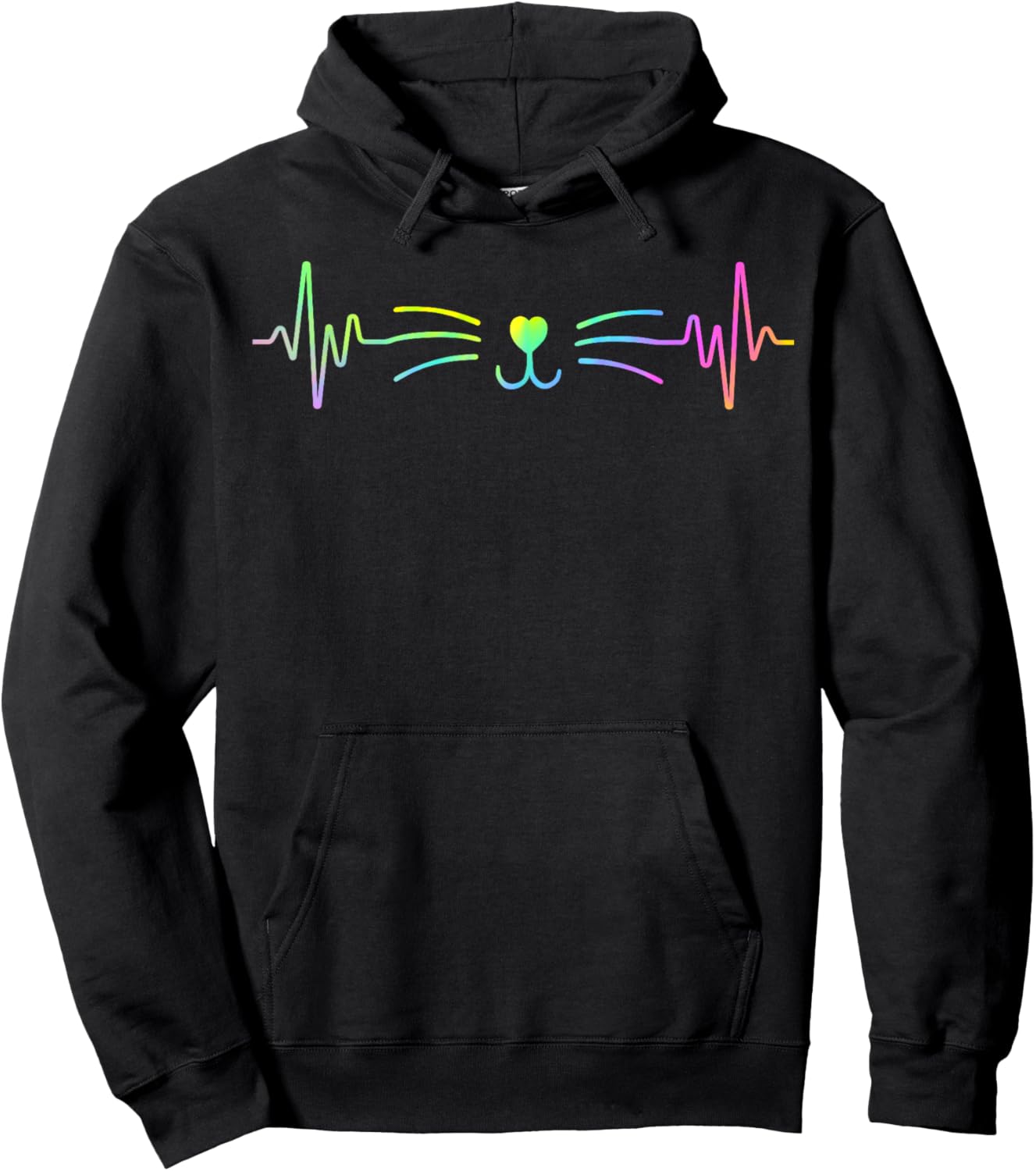 Colorful Heartbeat Cat Lover Animal Silhouette Cute Cat Hoodie - Hoodie | Black