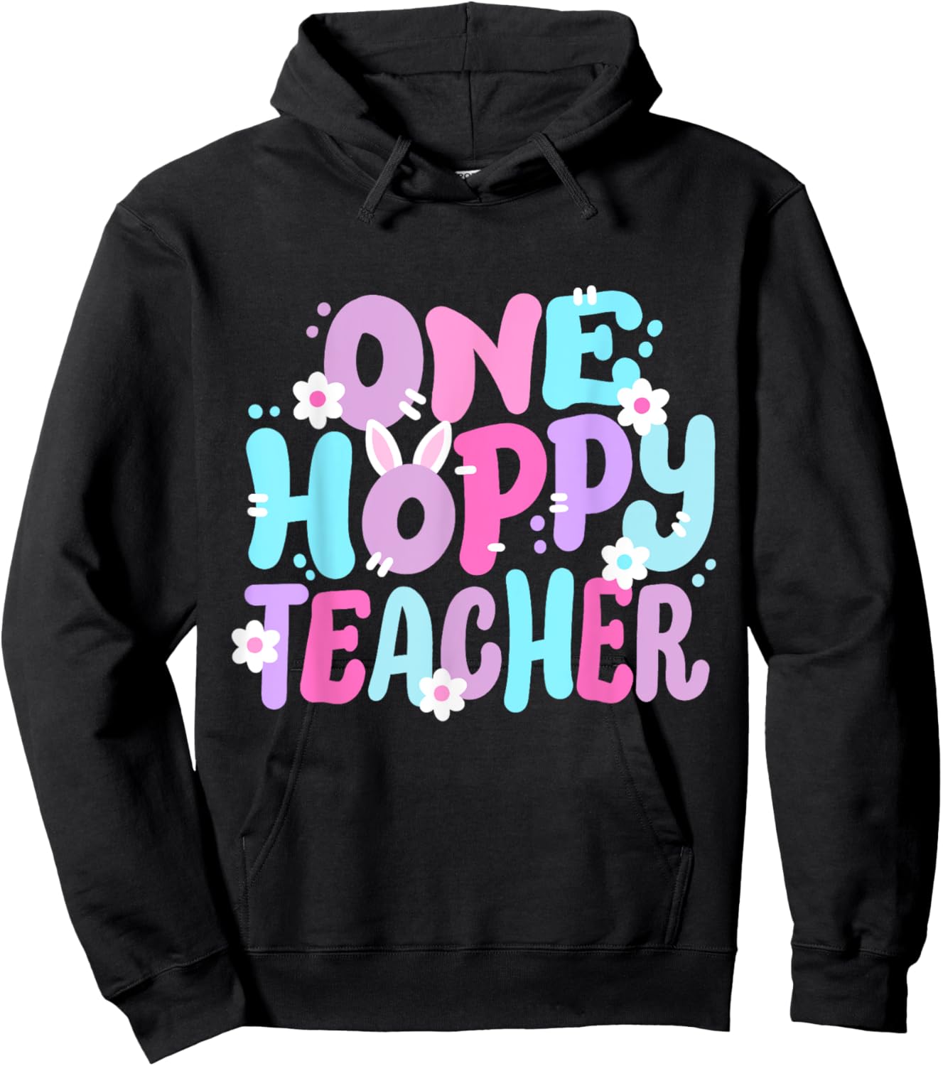 One Hoppy Teacher Retro Groovy Happy Easter Bunny Women Hoodie - Hoodie | Black