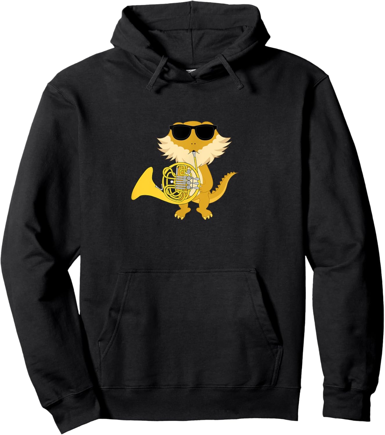 Funny Bearded Dragon Wearing Sunglasses Playing French Horn Hoodie - Hoodie | Black