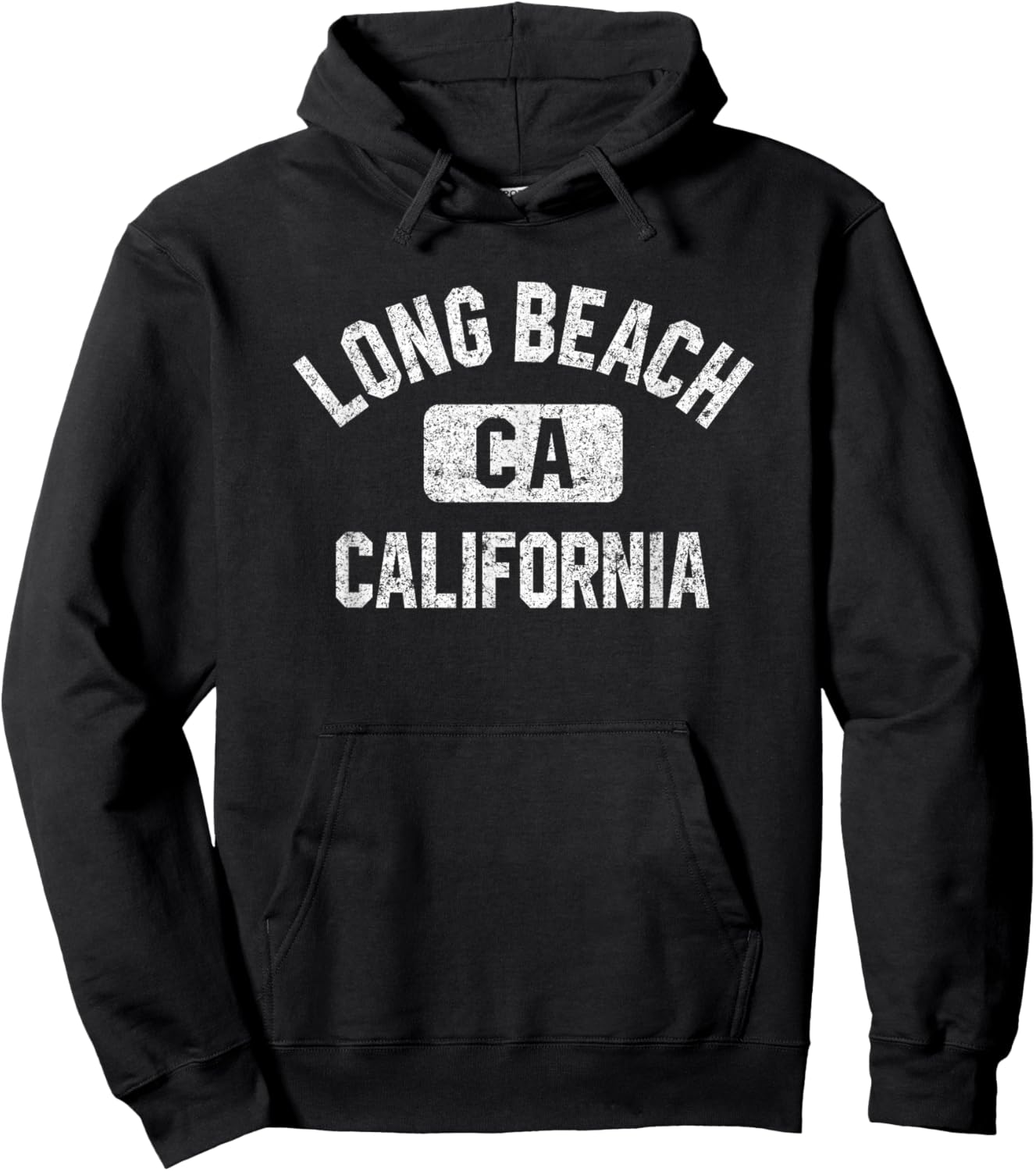 Long Beach California Gym Style Distressed White Print Hoodie - Hoodie | Black