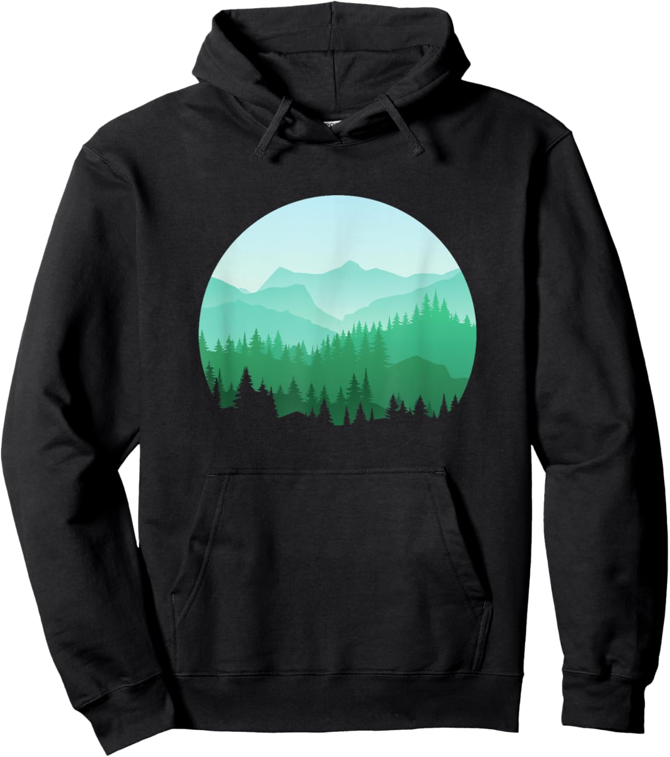 Teal Green Mountain and Forest Scene Silhouette Graphic Hoodie - Hoodie | Black