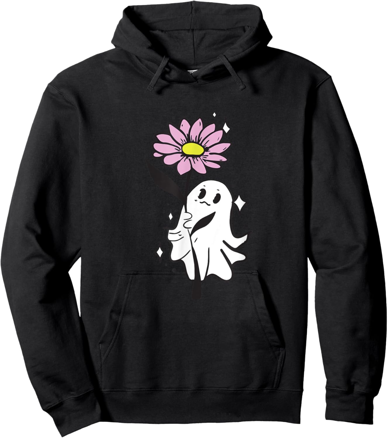 Cute Ghost Holding Flower , Kawaii Ghost Graphic Hoodie - Hoodie | Black