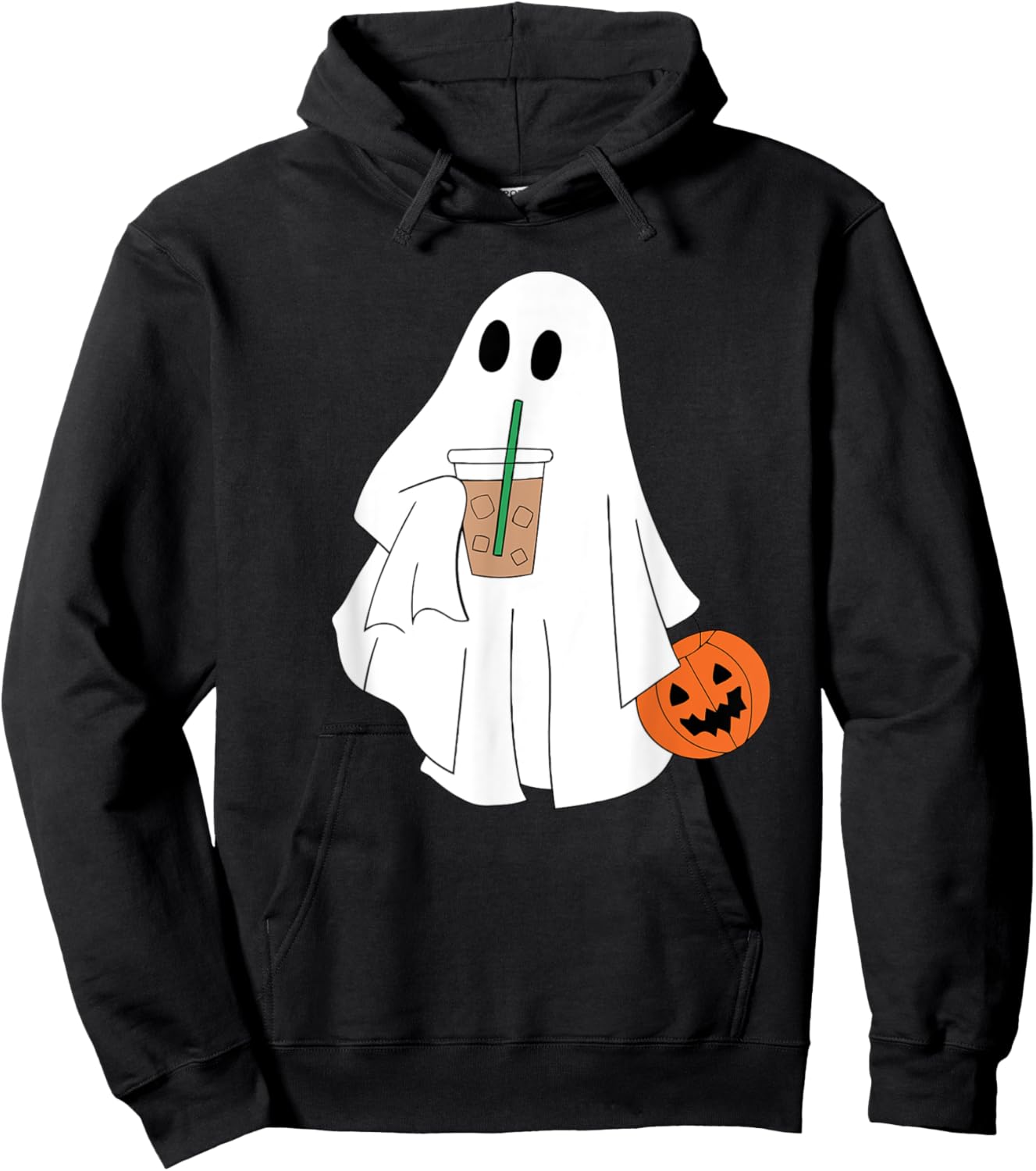 Cute Ghost Drinking Coffee Halloween Ghost Ice Coffee Hoodie - Hoodie | Black