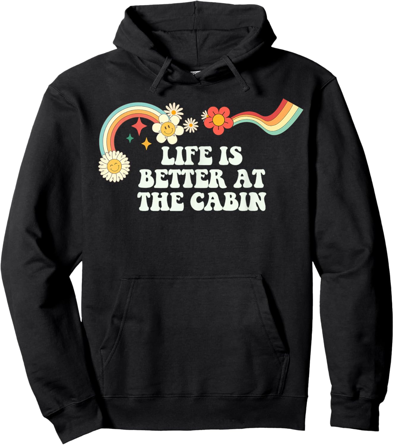 Groovy Script Funny Life is Better at the Cabin, Retro Quote Hoodie - Hoodie | Black