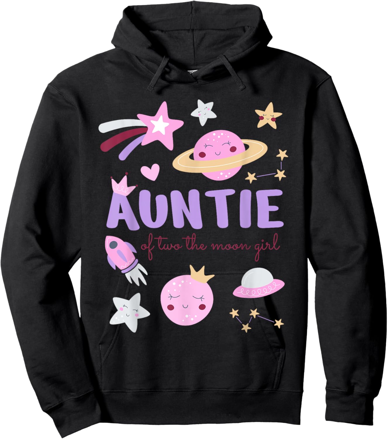 Auntie of Two The Moon Girl Cosmos Stars Space 2nd Birthday Hoodie - Hoodie | Black