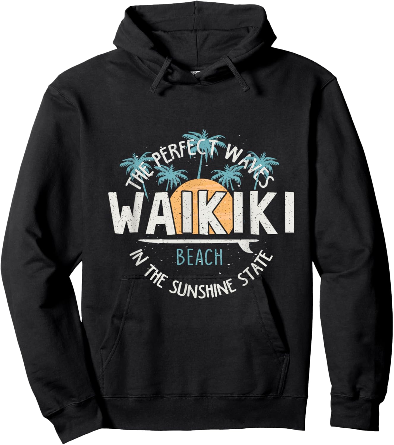 Vintage Sunset Palm Tree Waikiki Hawaii Surfing Vacation Hoodie - Hoodie | Black