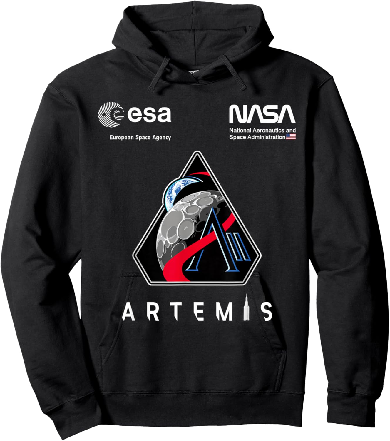 NASA Artemis II Mission Patch Worm and ESA Logo Hoodie - Hoodie | Black
