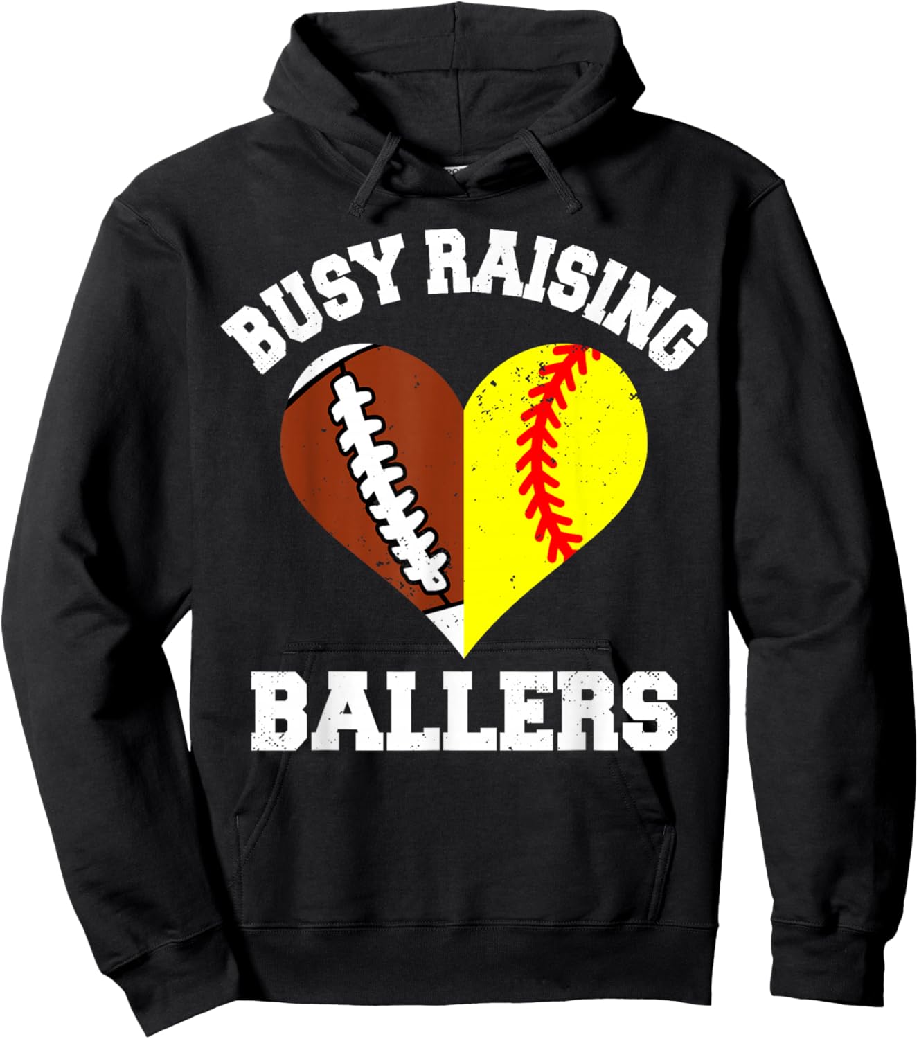 Busy Raising Ballers Football Softball Heart Mom Game Day Hoodie - Hoodie | Black