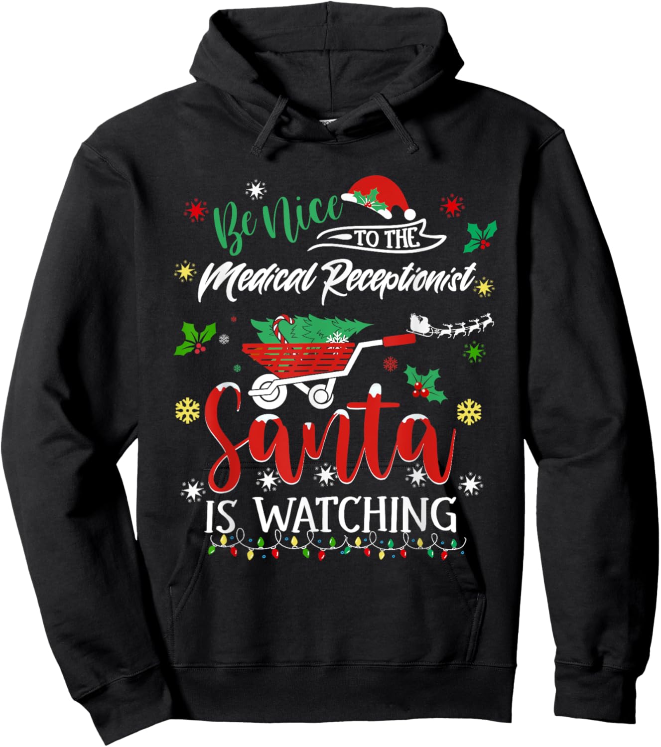 Funny Christmas Medical Receptionist Festive Holiday Pajama Hoodie - Hoodie | Black