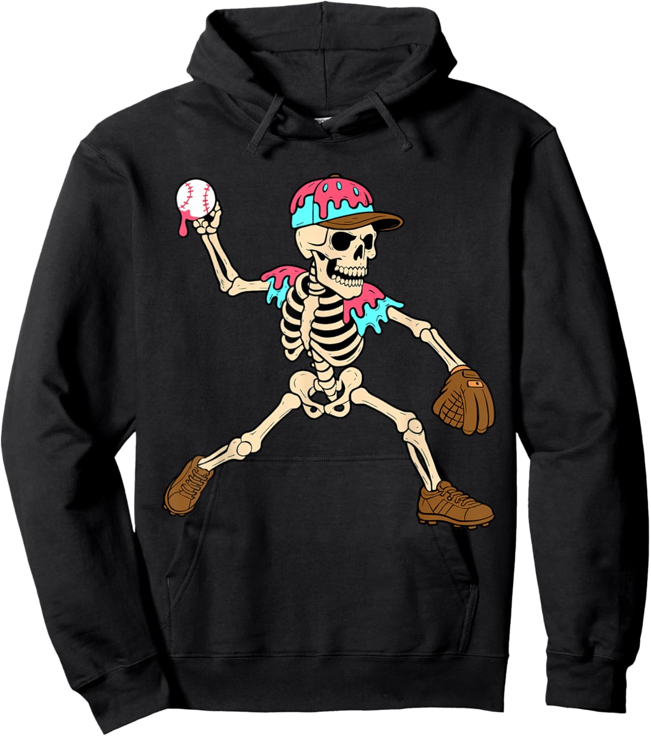 Skeleton Ice Cream Drip Baseball Sport Player Halloween Hoodie - Hoodie | Black
