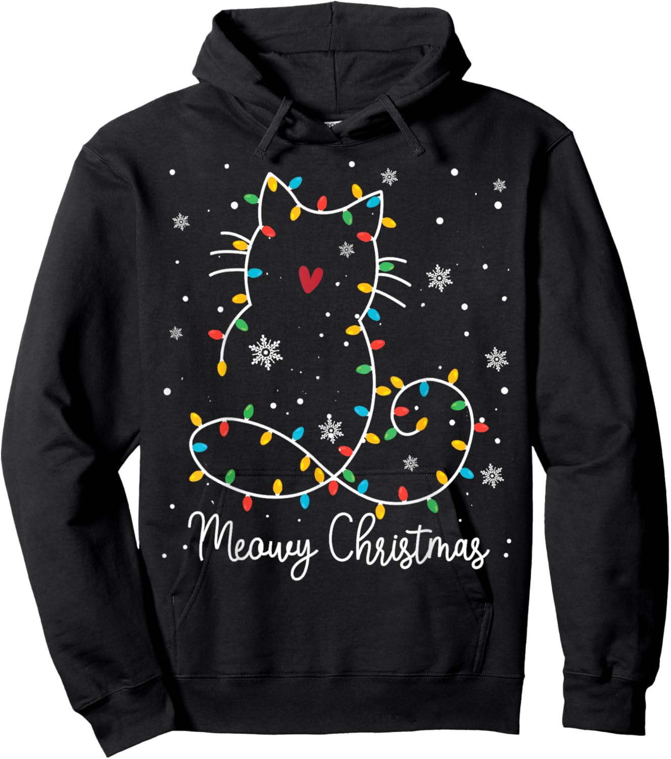 Cute Cat Meowy Christmas Light Cat Lover Mom Dad Merry Xmas Men Women Kids Hoodie - Hoodie | Black