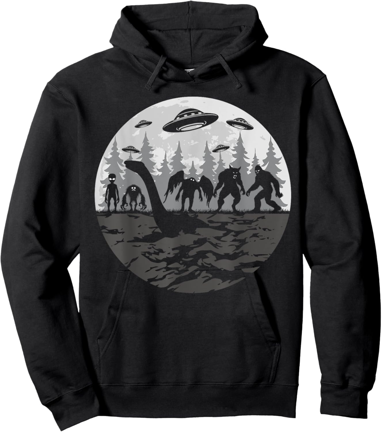 Bigfoot Loch Ness Monster With Mothman Aliens! Funny Cryptid Hoodie - Hoodie | Black