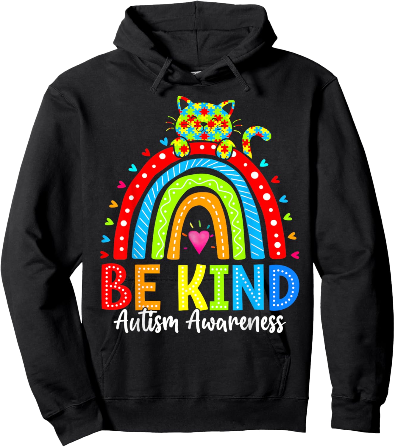 Be Kind Rainbow Cat Autism Awareness In April We Wear Blue Men Women Kids Hoodie - Hoodie | Black